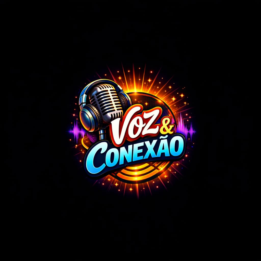 Voz e Conexão podcast studio logo featuring a microphone with headphones and glowing orange and purple sound waves on a dark background